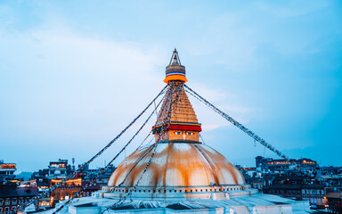 landscape view of Baudhanath stupa in Nepal.