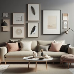 A living room with a template mockup poster empty white and with a couch and pictures on the wall art photo lively card design.