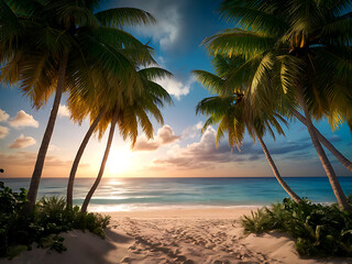 Tropical Beachscape with Coconut Palms at Sunrise