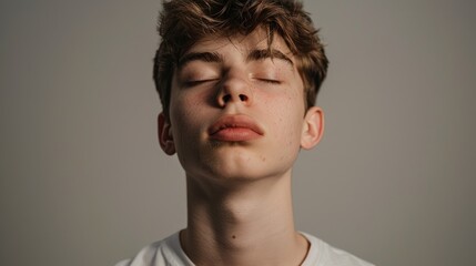 Obraz premium Adolescent male with closed eyes on a grey backdrop