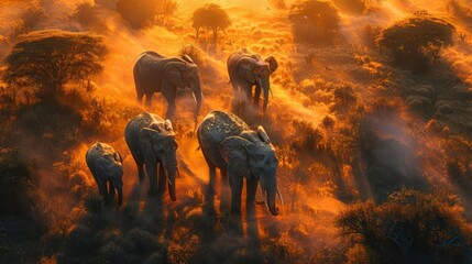 Fototapeta premium Craft a dynamic scene of a family of elephants wandering through the savanna from a birds-eye view