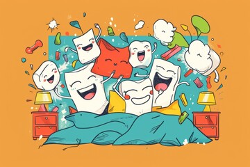 Cartoon cute doodles of faceless characters having a pillow fight and laughing together in a bedroom, Generative AI