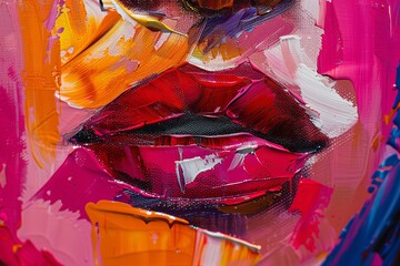 Abstract colorful painting of pink and red lips, brush strokes. Abstract background, oil paint on...