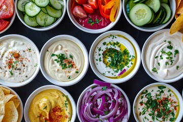A colorful array of various dips and sliced fresh vegetables served in small bowls, perfect for healthy snacking or entertaining.
