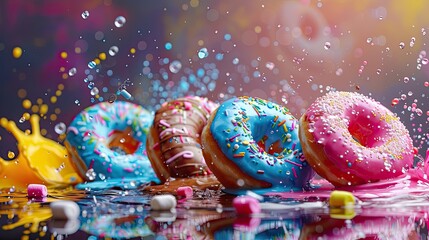 Splash of donuts with different sprinkles. Selective focus.