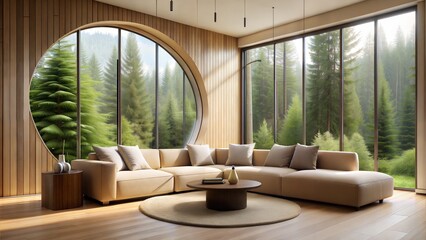 Beige corner sofa in room with round floor to ceiling window. Minimalist home interior design of modern living room in house in forest.