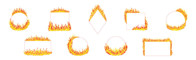 Fire Frame with Hot Burning Tongue of Flame and Shaped Border Vector Set