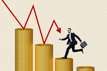 Composite photo collage of serious man run briefcase arrow fall dollar coin stack inflation failure...