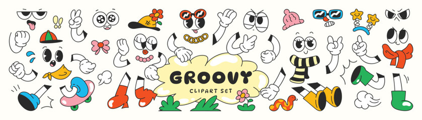Set of 70s groovy comic vector. Collection of cartoon character faces in different emotions, hand, glove, glasses, hat, shoes. Cute retro groovy hippie illustration for decorative, sticker.