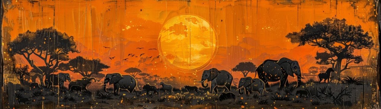 Fototapeta Illustrate a captivating birds-eye view of a bustling safari scene