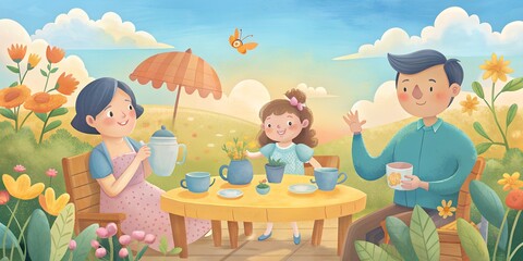 Opening letter, family day, summer background, wallpaper, happy family on a picnic in nature in summer, vector, illustration