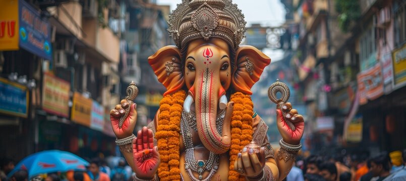 Colorful ganesh chaturthi processions with beautifully adorned idols and traditional attire
