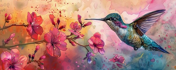 Illustrate a serene side profile of a colorful hummingbird hovering near vibrant