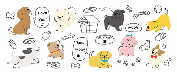 Cute dogs doodle vector set. Cartoon dog or puppy characters design collection with flat color in different poses, toy, ball, dog food, bowl. Set of funny pet animals isolated on white background.