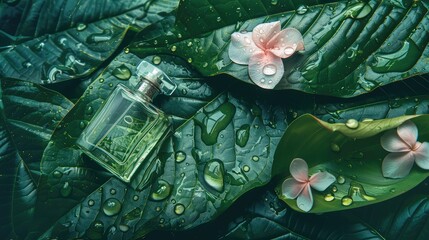 A bottle of perfume on a wet background of flowers and leaves. Selective focus.