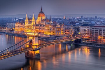 Fototapeta na wymiar Panoramic Cityscape Featuring Hungarian Parliament