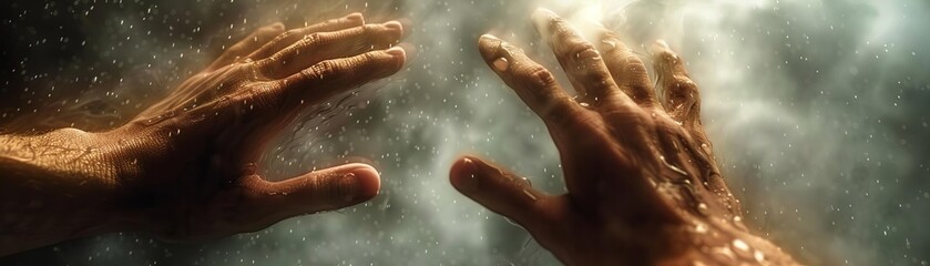Fototapeta premium Closeup of hands reaching towards a stormy sky, symbolizing hope and faith during adversity, highspeed macro style