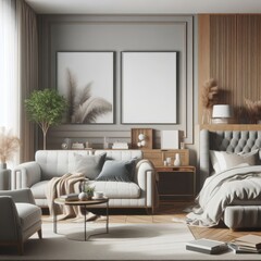 A Room with a template mockup poster empty white and with a bed and a couch image art attractive lively.