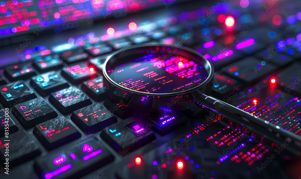 Poster corporate it security data analysis: magnified screen view of malware detection software, database f