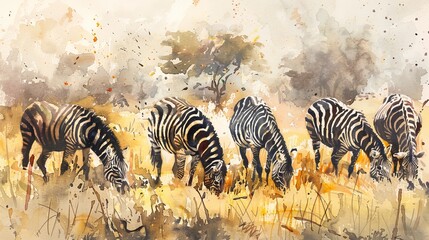 Watercolor scene of a herd of zebras grazing peacefully, their unique patterns blending beautifully with the soft savannah grass
