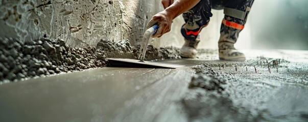 Construction worker smoothing concrete with a trowel, the texture sharply detailed, highspeed macro style