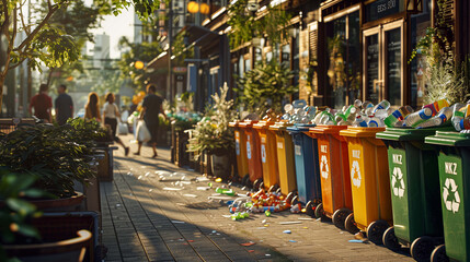 Clearly labeled recycling bins for plastic, paper, and glass, emphasizing organized waste sorting