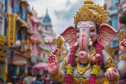 Vibrant ganesh chaturthi celebrations  colorful processions with ornate idols and traditional garb