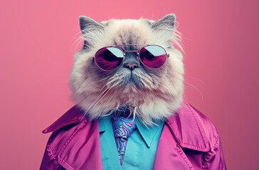 A cute Persian cat dressed in fashionable against a pink background.