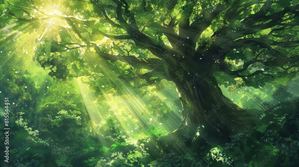 Poster the stunning green tree bathed in sunlight with a glorious flare peeking through its branches from a