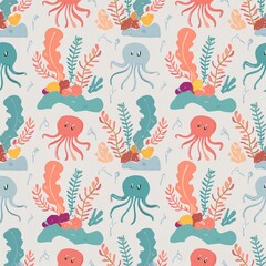a pattern with sea creatures like octopuses, jellyfish, and starfish intertwined