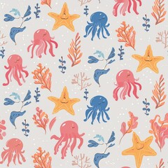 Obraz premium a pattern with sea creatures like octopuses, jellyfish, and starfish intertwined