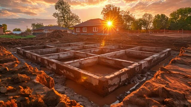 Construction site with freshly poured concrete base slab Shows foundation work.