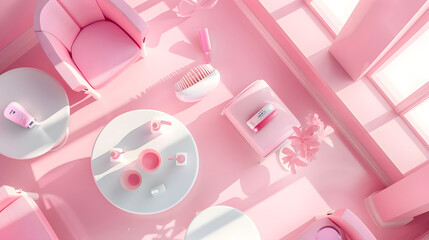Basic 3D illustration showing the interior of a nail salon, with a nail polish tube on the table, seen from above.