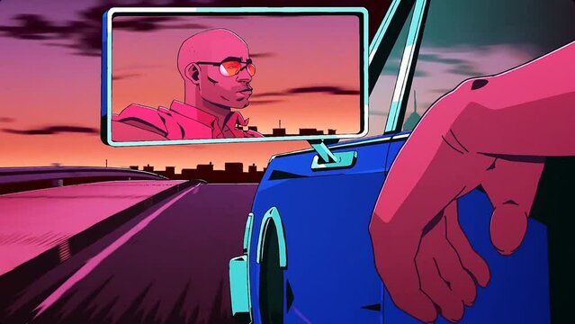 fashionable man driving a car into the city