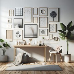 A Room with a template mockup poster empty white and with a desk and a chair art realistic photo harmony.