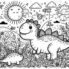 Dinosaur Adventure in Colors: Cartoon Illustration for Coloring