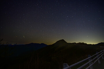 天の川が輝く夜道、山々を超えた眺望