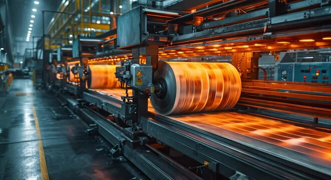 A photorealistic picture of a printing press printing newspapers at high speed