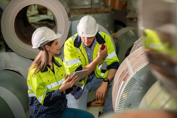 technician Factory mentor teaching apprenticeship trainee operating machine looking monitors and...
