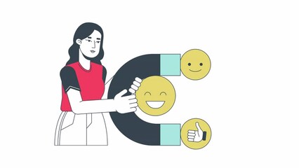Hindu woman attracting audience with magnet line 2D animation. Effective marketing 4K video motion graphic. Advertising campaign strategy linear animated cartoon flat concept, white background