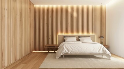 Warmly lit modern wooden bedroom design