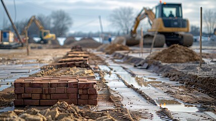 Fototapeta premium Detailed view of brick pavers being laid on a sand foundation in a construction zone, with piles of bricks and heavy equipment in the background