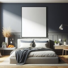 Bedroom sets have template mockup poster empty white with Bedroom interior and a framed picture art photo photo card design.