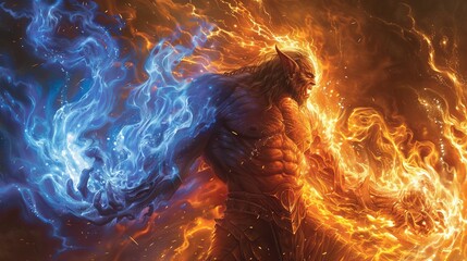 Detailed view of a mage in close proximity to his fiery orc guardian made of swirling blue and orange flames, enhanced with stunning lighting