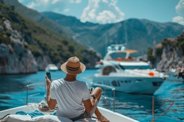 A man is sitting on a boat with a hat on and holding a cell phone