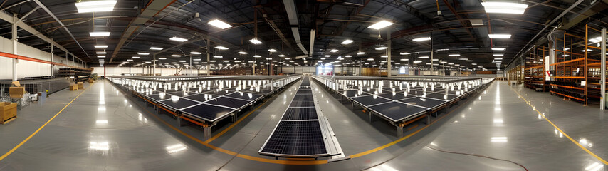 Fototapeta premium Panoramic view of the manufacturing facility with rows of half-assembled solar panels