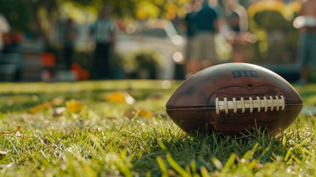 American football ball on green stadium grass with significant area available for text placement