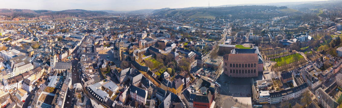 Top view of famous historic Trier city center - ancient Roman city gate in Trier, Germany. UNESCO.