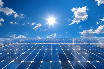 Panoramic solar panel against clear blue sky with ample space for text placement