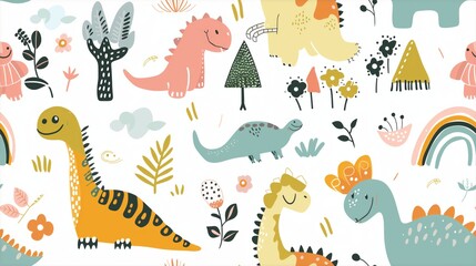 cute dinosaurs, clouds, flowers, trees, rainbows patterns. in a minimalistic crayon doodle illustration style